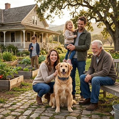 GPS chien sans abonnement Golden Retriever famille maison campagne jardin potager