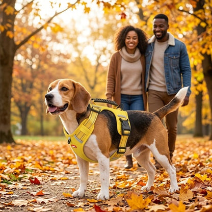 Harnais Beagle jaune promenade en forêt avec un couple en automne