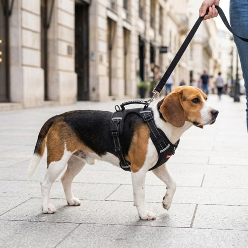 Harnais Beagle noir chien en laisse sur le trottoir en ville