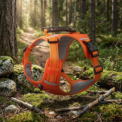 Harnais Beagle orange avec poignée dorsale posé sur mousse en forêt