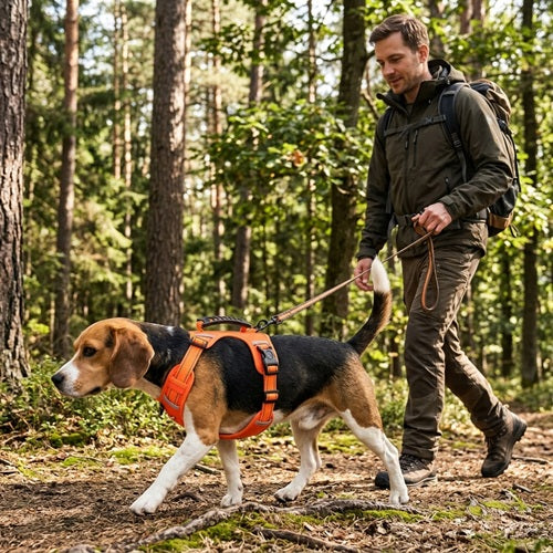 Harnais Beagle orange randonnée en laisse avec un homme en forêt