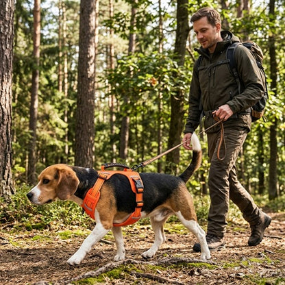 Harnais Beagle orange randonnée en laisse avec un homme en forêt