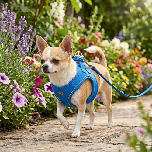 Harnais chien confort bleu Chihuahua en laisse jardin fleuri