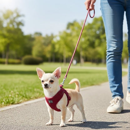 Harnais chien confort bordeaux Chihuahua en promenade sur allée du parc