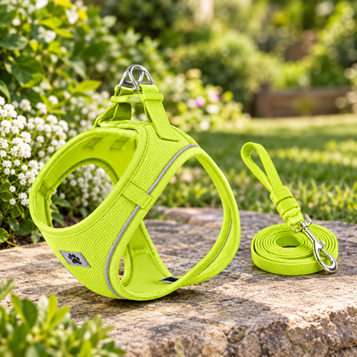 Harnais chien confort vert fluo avec laisse assortie sur pierre