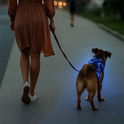 harnais chien led bleu promenade nuit securite visible urbain