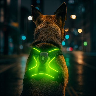 harnais chien led vert nuit ville securite reflechissant berger
