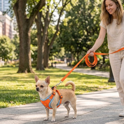 Harnais chien orange Chihuahua petite race promenade ville