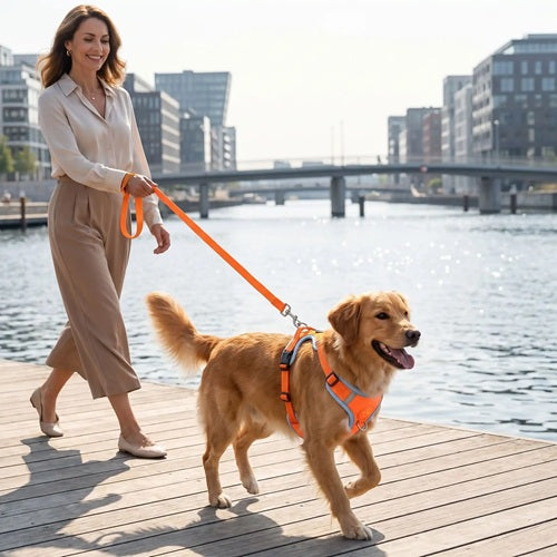 Harnais chien orange Golden Retriever promenade quai urbain