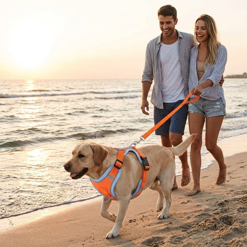 Harnais chien orange promenade plage Labrador coucher soleil
