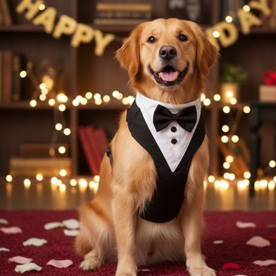 harnais chien smoking golden retriever anniversaire bougies elegant