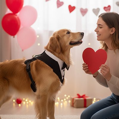 harnais chien smoking golden retriever saint valentin coeur femme