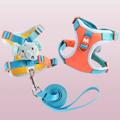 harnais-chiot-orange-bleu-laisse-peluche-elephant-incluse