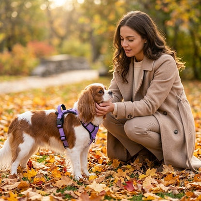 Harnais confort chien violet Cavalier King Charles promenade parc automne