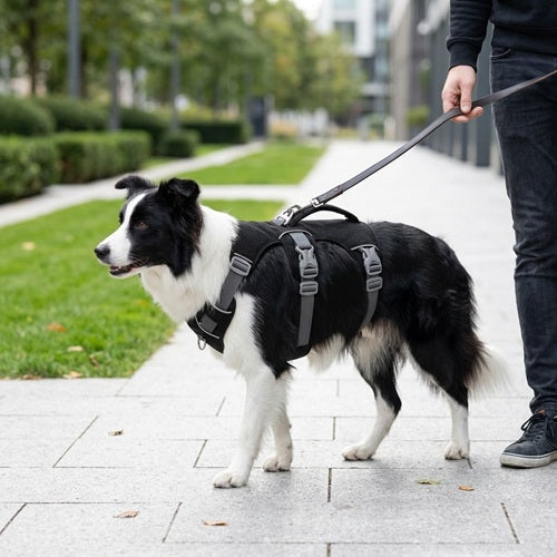 Harnais confort pour chien noir Border Collie promenade en ville