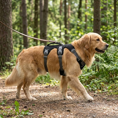 Harnais confort pour chien noir Golden Retriever promenade en forêt