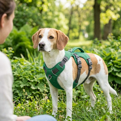 Harnais confort pour chien vert Beagle debout en forêt