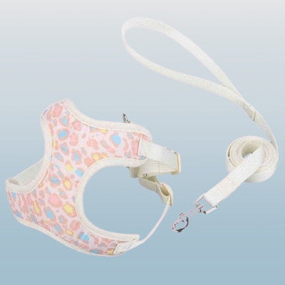 harnais petit chien rose pois multicolores laisse blanche doux pastel