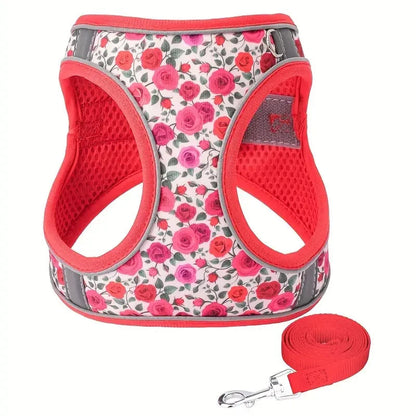 harnais petit chien rouge floral mesh respirant