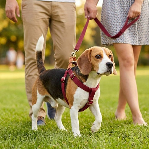 harnais pour chien rouge Beagle laisse promenade parc propriétaires pelouse extérieur