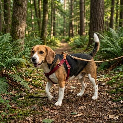 harnais pour chien rouge Beagle laisse sentier forêt fougères randonnée extérieur