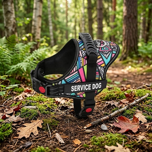 Harnais pour chiens motifs géométriques multicolores poignée forêt