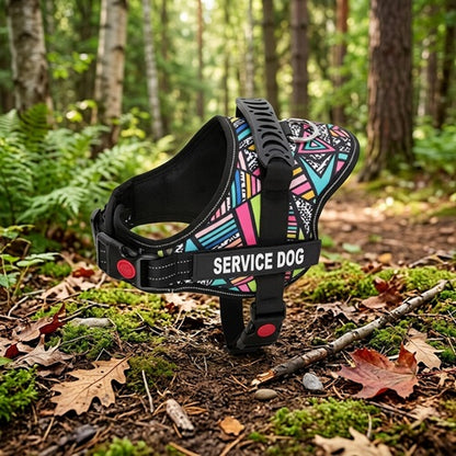 Harnais pour chiens motifs géométriques multicolores poignée forêt