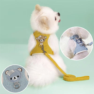 harnais pour petit chien laisse jaune gris respirant ajustable