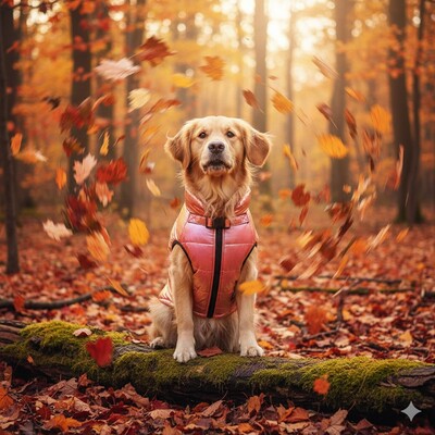 impermeable chien automne foret golden retriever rose feuilles nature