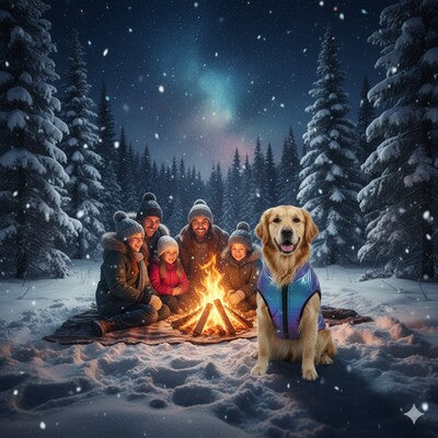 impermeable chien camping hiver nuit famille golden retriever neige