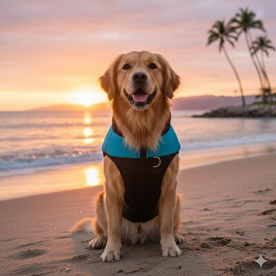 impermeable pour chien plage ete golden retriever protection soleil bleu turquoise palmier