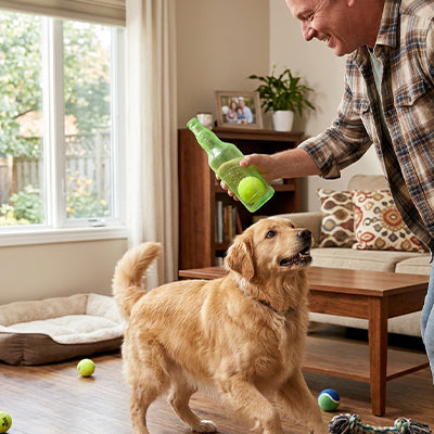 jouet chien bouteille verte balle tennis golden retriever homme intérieur
