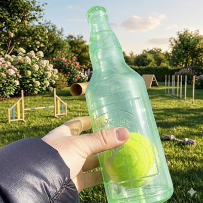 jouet chien bouteille verte balle tennis tenue main parc agility