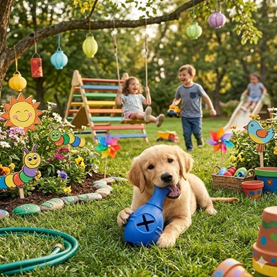 jouet chien kong bleu chiot golden retriever enfants jardin été