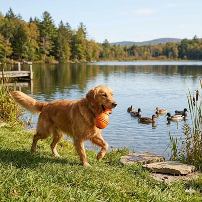 jouet chien kong orange golden retriever lac canards automne