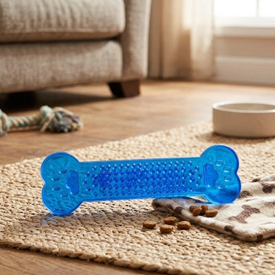 jouet indestructible pour chien os bleu transparent tapis jute lifestyle