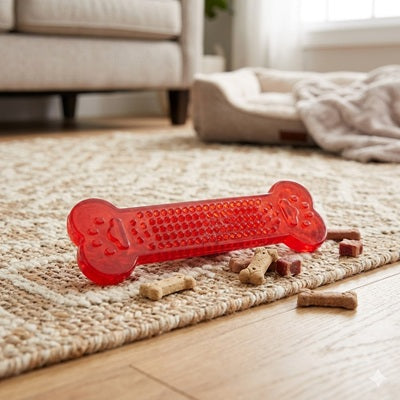 jouet indestructible pour chien os rouge transparent tapis friandises salon