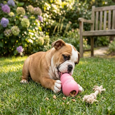 jouet kong chien bulldog chiot rose corde jardin hortensia friandise