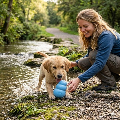 jouet kong chien golden chiot bleu rivière forêt femme nature