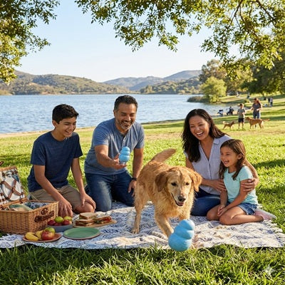 jouet kong chien golden retriever famille pique nique lac bleu