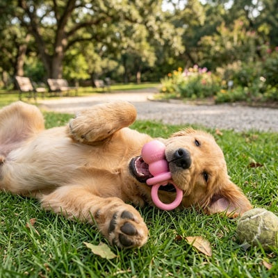 jouet kong pour chien chiot golden retriever roule dos herbe rose parc fleurs