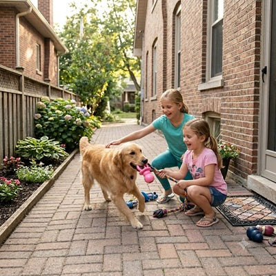 jouet kong pour chien deux filles golden retriever traction rose cour briques