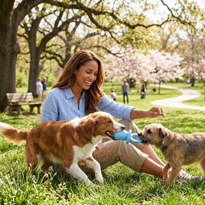 jouet kong pour chien femme deux chiens herbe parc cerisiers bleu printemps