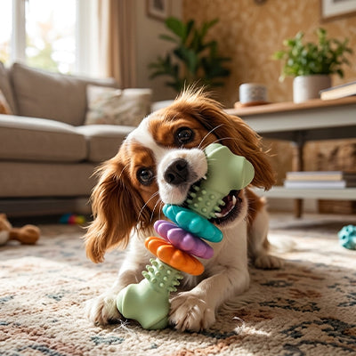 Jouet pour chien Cavalier King Charles mord os vert salon