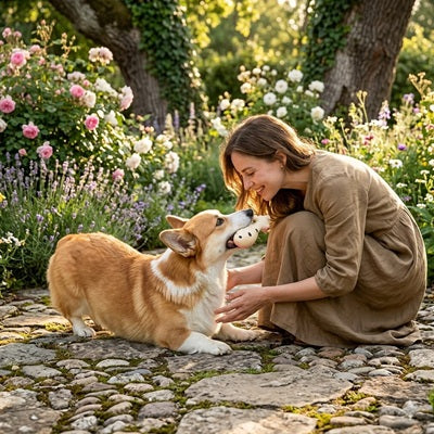 jouet pour chien corgi femme jardin roses pavés coucher printemps