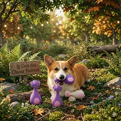 jouet pour chien corgi forêt collection violet guirlande pancarte automne