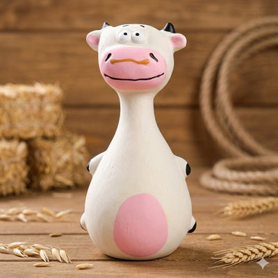 jouet pour chien figurine vache blanc rose latex foin bois ferme