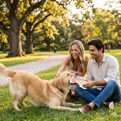 jouet pour chien golden retriever couple parc herbe coucher soleil