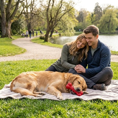 jouet pour chien kong os rouge golden retriever couple parc lac