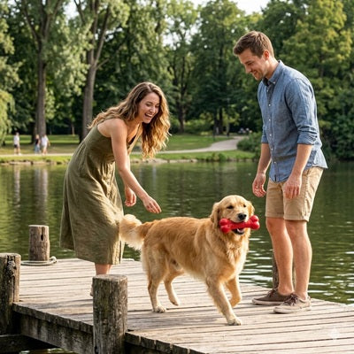 jouet pour chien kong os rouge golden retriever couple ponton lac